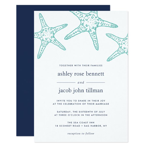 256764658919517392 Turquoise & Navy Starfish Wedding Invitation