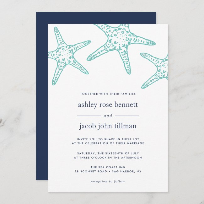Turquoise & Navy Starfish Wedding Invitation