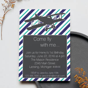 Turquoise Navy Vintage Airplane Birthday Invite