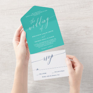 Turquoise Navy White Delicate Calligraphy Wedding All In One Invitation