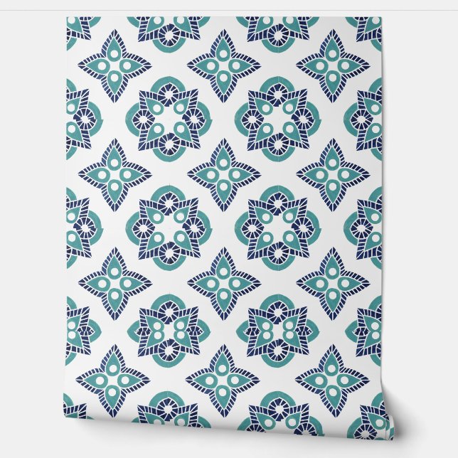  turquoise navy & white wallpaper  (Unrolling)