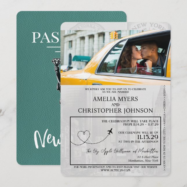 Turquoise New York City Passport Wedding Invitation (Front/Back)