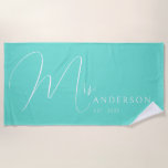 Turquoise Newlyweds Name Personalized Honeymoon Beach Towel<br><div class="desc">Celebrate your love in style with this personalized beach towel for adults, featuring the newlyweds' names in an elegant, modern design. Perfect for a honeymoon beach trip, anniversary getaway, or romantic vacation, this soft and vibrant towel is a must-have for couples who love to travel together. Designed with a turquoise...</div>