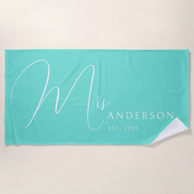 Turquoise Newlyweds Name Personalized Honeymoon Beach Towel (Front)