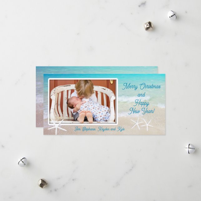 Turquoise Ocean Beach Christmas Photo Card (Front/Back In Situ)