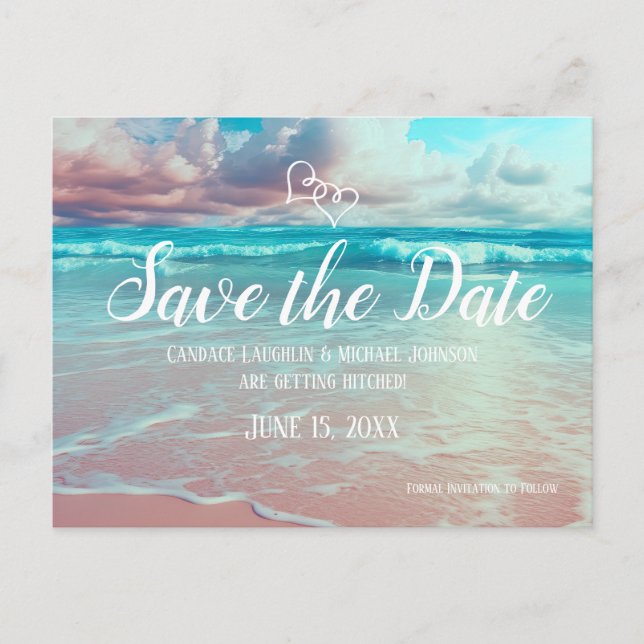 Turquoise Ocean Beach Heart Wedding Save the Date Postcard (Front)