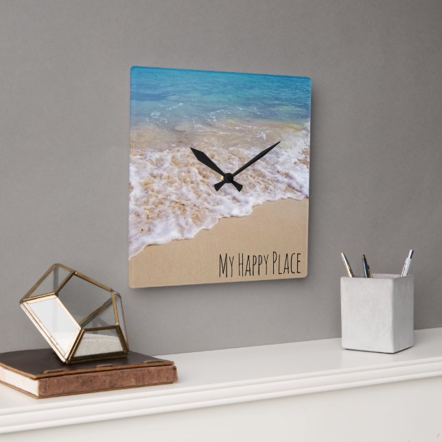 Turquoise Ocean Beach with Frothy Surf Square Wall Clock (Office)
