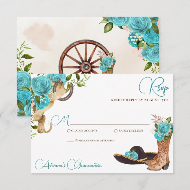 Turquoise Ocean Blue Charro Western Quinceanera RSVP Card (Front/Back)