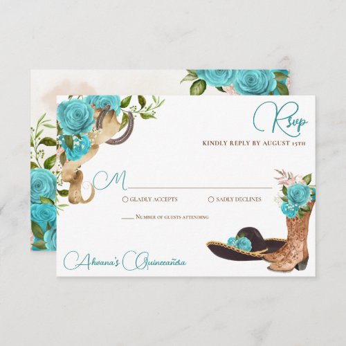 Turquoise Ocean Blue Charro Western Quinceanera RSVP Card