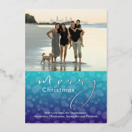 Turquoise Ocean Bubbles Merry Christmas Photo Foil Foil Holiday Card