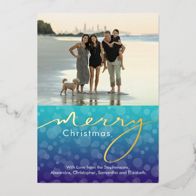 Turquoise Ocean Bubbles Merry Christmas Photo Foil Holiday Card (Front)