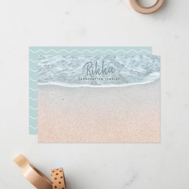 Turquoise Ocean Sandy Beach Handmade Jewelry Note Card (Front/Back In Situ)