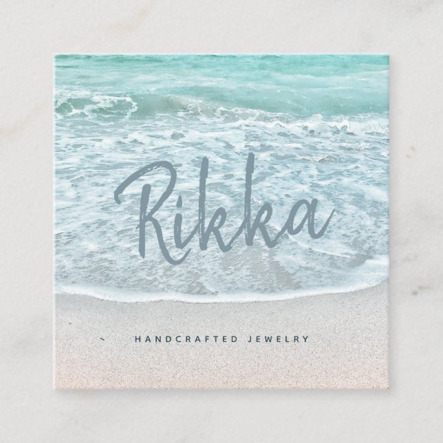 Turquoise Ocean Sandy Beach Handmade Jewelry Square Business Card (Front)