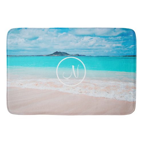 Turquoise ocean sandy beach photo custom monogram bath mat