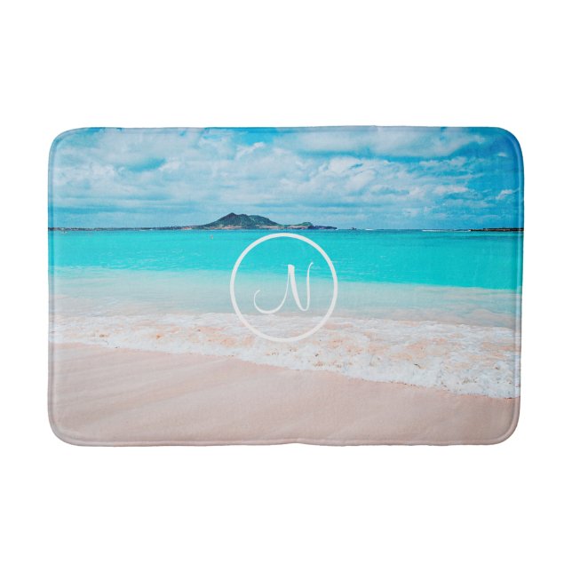 Turquoise ocean sandy beach photo custom monogram bath mat (Front)