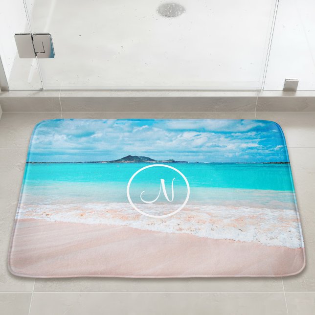 Turquoise ocean sandy beach photo custom monogram bath mat (Creator Uploaded)