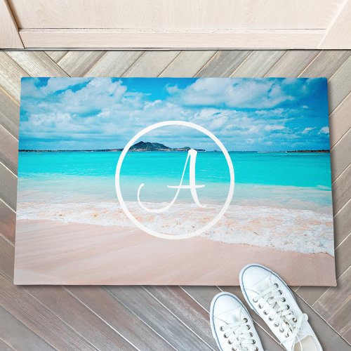 Turquoise ocean sandy beach photo custom monogram doormat