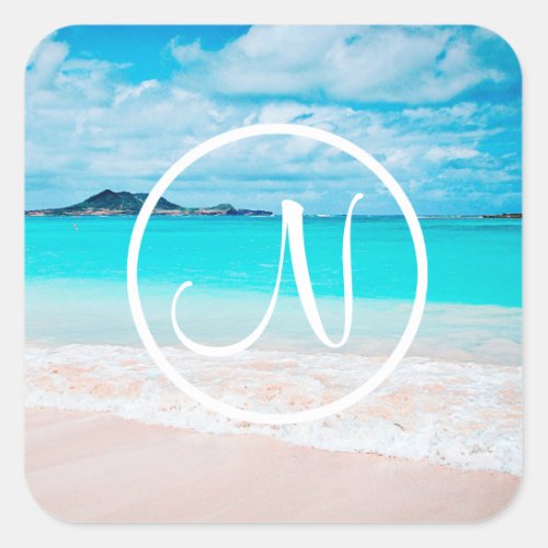 Turquoise ocean sandy beach photo custom monogram square sticker
