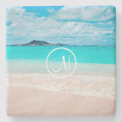 Turquoise ocean sandy beach photo custom monogram stone coaster