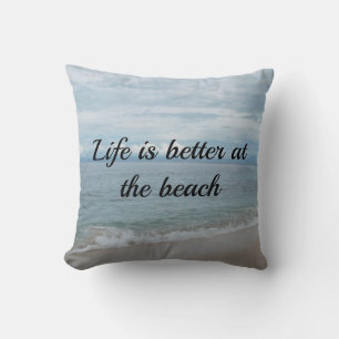 Turquoise ocean, sandy beach with text throw pillow