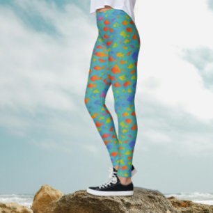 Turquoise Ocean Tropical Fish Watercolor Pattern Leggings