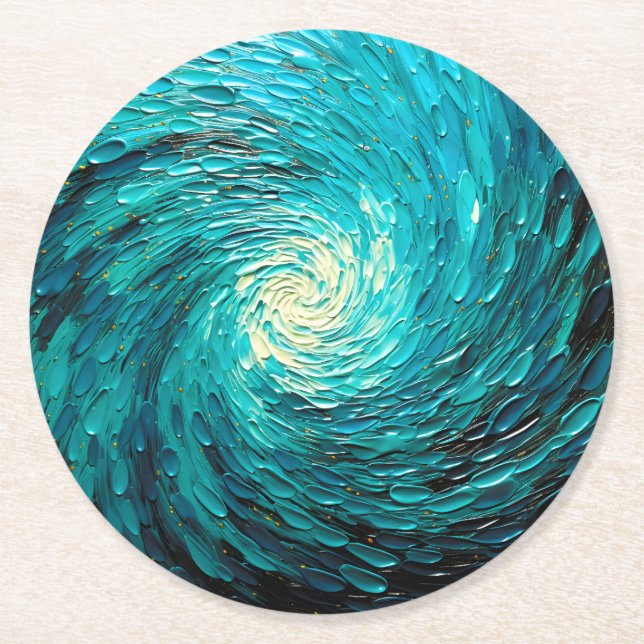 Turquoise Ocean Vortex Abstract Round Paper Coaster (Front)