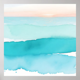 Turquoise Ocean Watercolor Sunset Poster