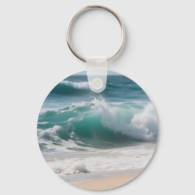 Turquoise Ocean Wave Crashing Shore Keychain (Front)