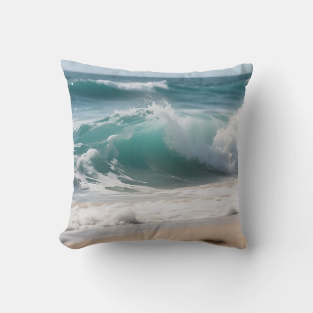 Turquoise Ocean Wave Crashing Shore Throw Pillow (Front)