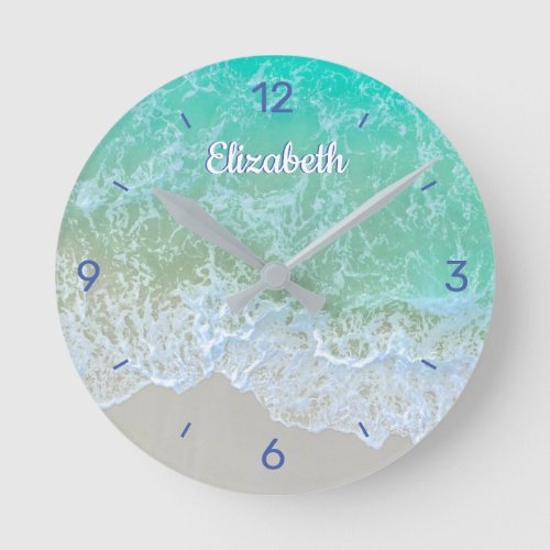 Turquoise Ocean Wave DIY Name or Monogram Blue Round Clock