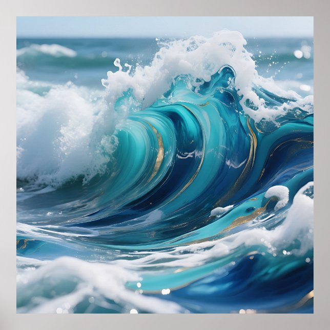 Turquoise Ocean Wave Golden Swirl Poster (Front)