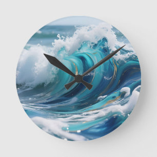 Turquoise Ocean Wave Golden Swirl Round Clock