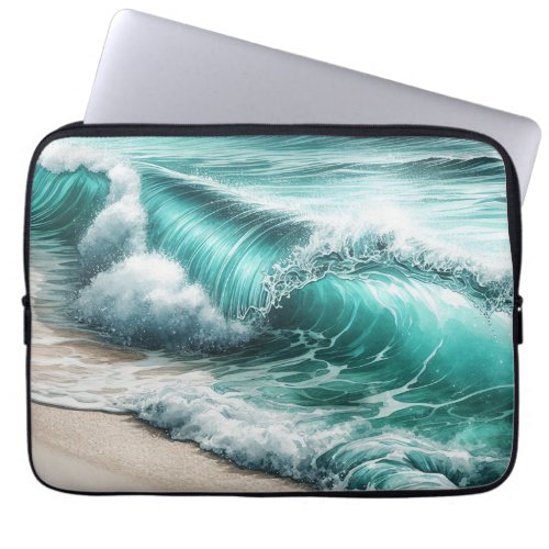 Turquoise Ocean Wave on Sandy Beach Laptop Sleeve