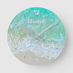 Turquoise Ocean Wave, Personalize Name or Monogram Round Clock