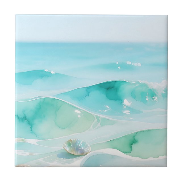 Turquoise Ocean Wave Seashell Ceramic Tile (Front)
