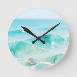 Turquoise Ocean Wave Seashell Round Clock