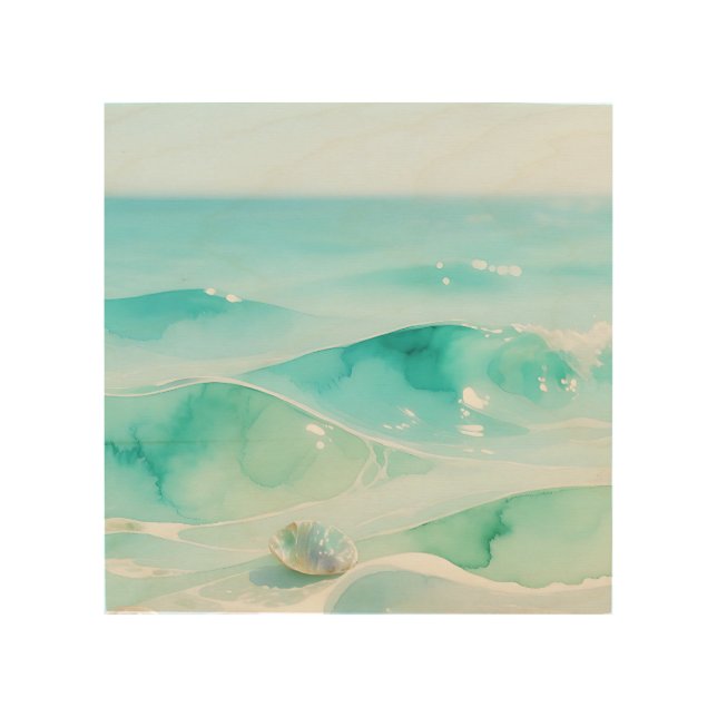 Turquoise Ocean Wave Seashell Wood Wall Art (Front)