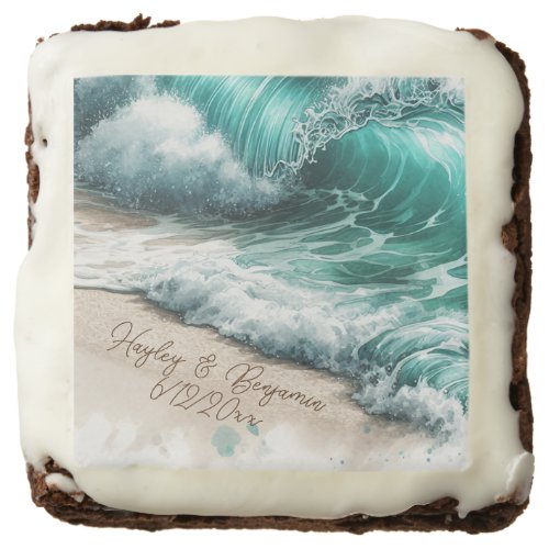 Turquoise Ocean Waves Personalized Wedding Brownie