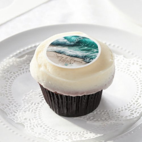 Turquoise Ocean Waves Personalized Wedding Edible Frosting Rounds