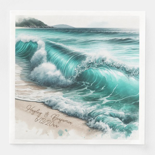 Turquoise Ocean Waves Personalized Wedding Paper Dinner Napkins (Front)