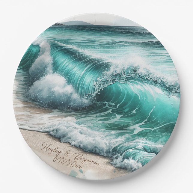 Turquoise Ocean Waves Personalized Wedding Paper Plates (Front)