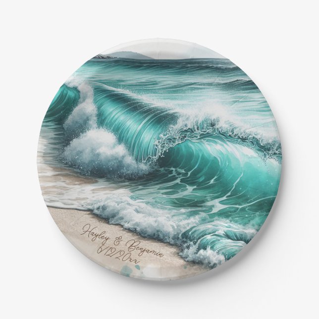 Turquoise Ocean Waves Personalized Wedding Paper Plates (Front)