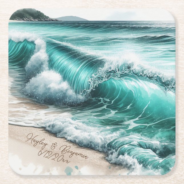 Turquoise Ocean Waves Personalized Wedding Square Paper Coaster (Front)