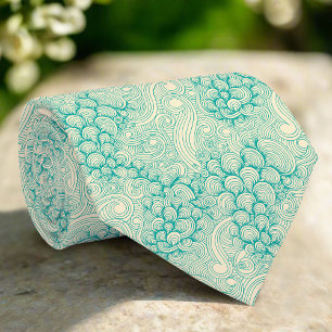 Turquoise Ocean Waves & Seashell Pattern Neck Tie