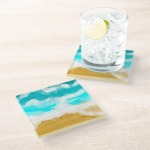 Turquoise Ocean Waves Seaside Coastal Glass Coaster