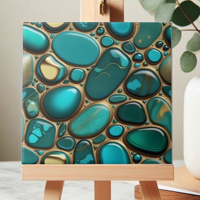 Turquoise Oceanic Pebbles with Golden Accents Ceramic Tile (Creator Uploaded)