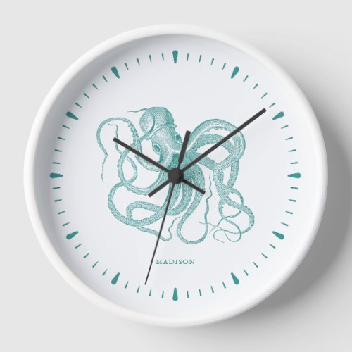 Turquoise octopus and numerals on white monogram clock