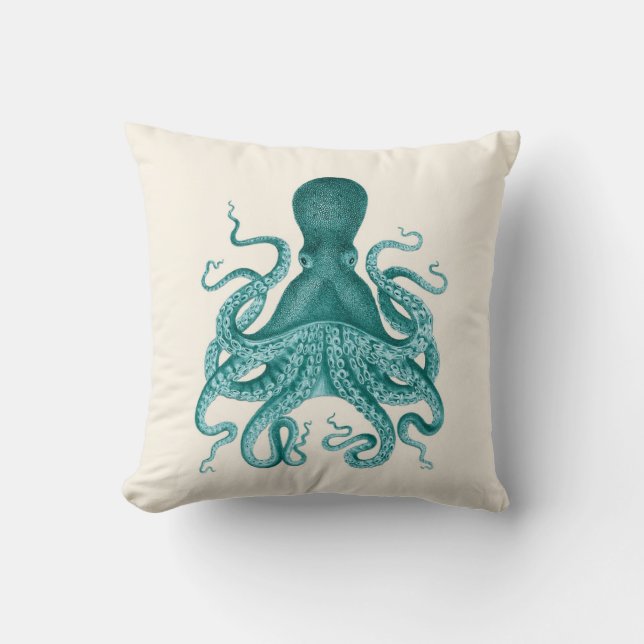 Turquoise Octopus Illustration on Cream Throw Pillow (Front)