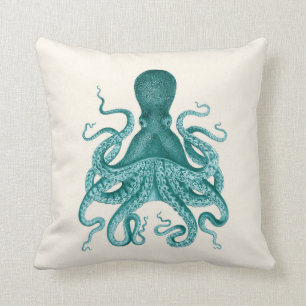 Turquoise Octopus Illustration on Cream Throw Pillow