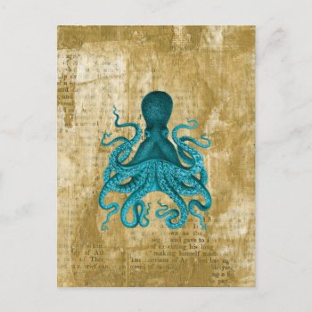 Turquoise Octopus On Golden Grunge Postcard by AnyTownArt at Zazzle